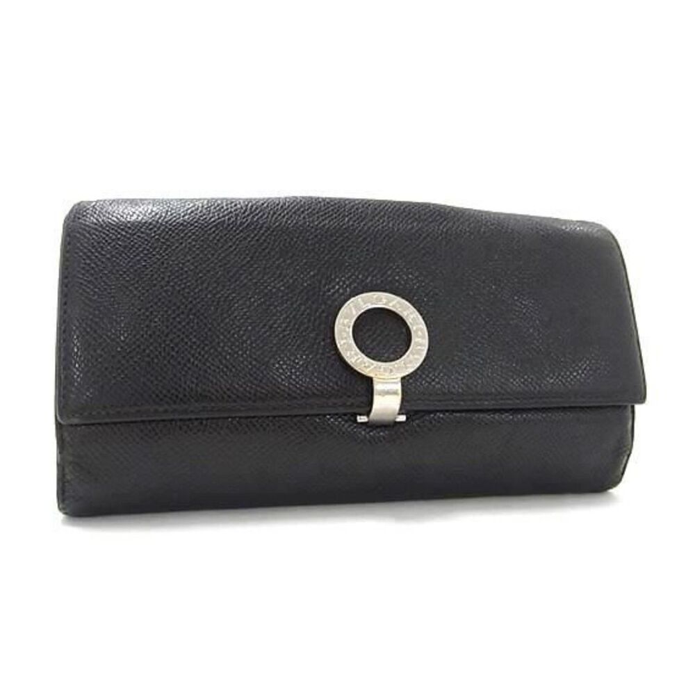 Bvlgari Black Leather Signature Long Wallet Blue Interior Silver Hardware Italy